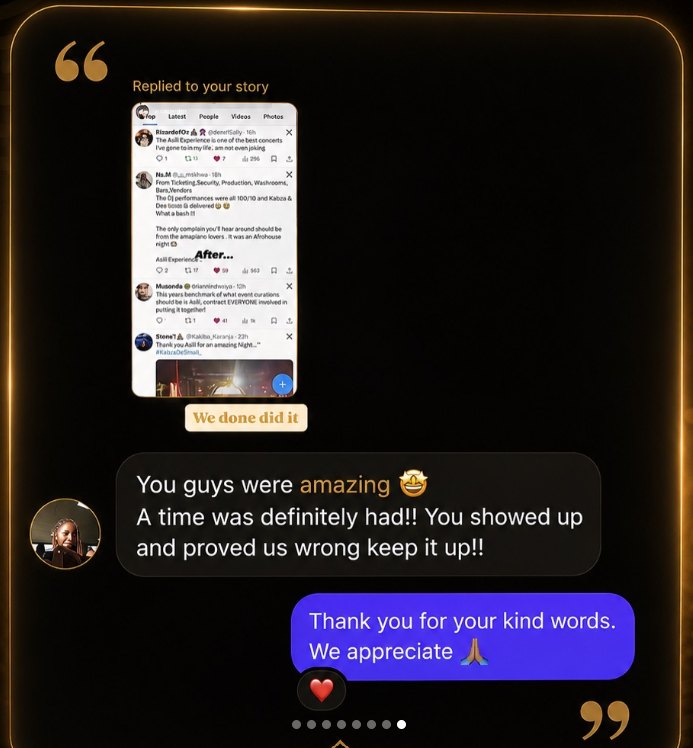 Customer feedback saying ASILI Experience was amazing