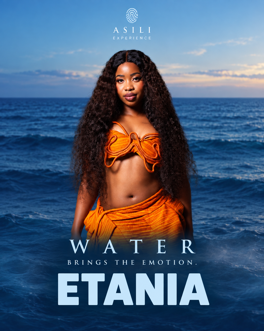 Etania representing water in the ASILI Experience elemental campaign